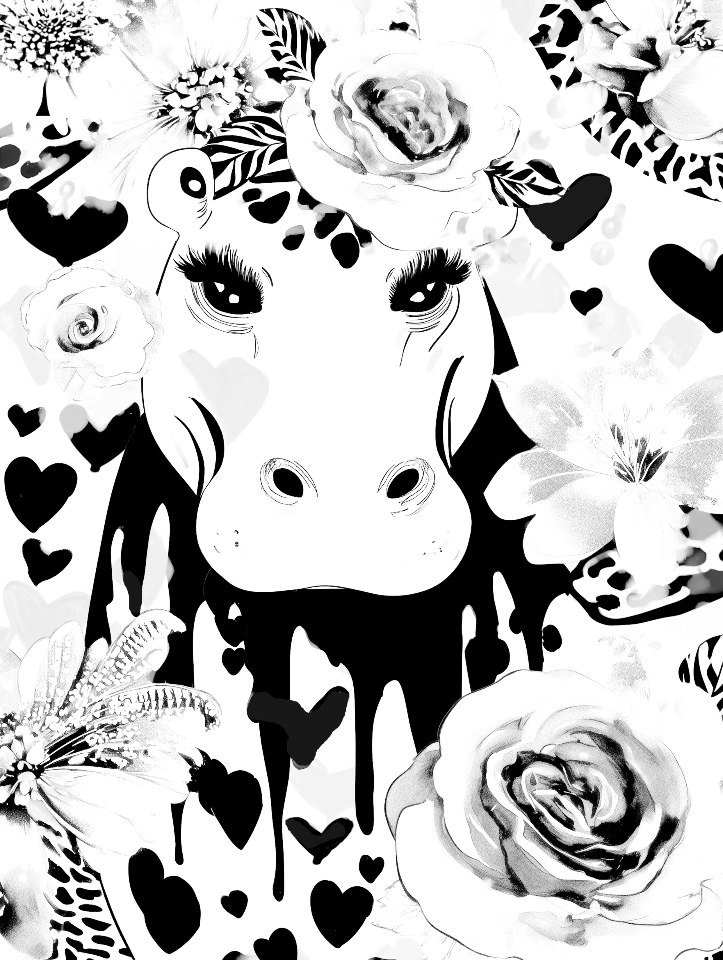 Free printable hippo coloring page featuring hearts on hippo